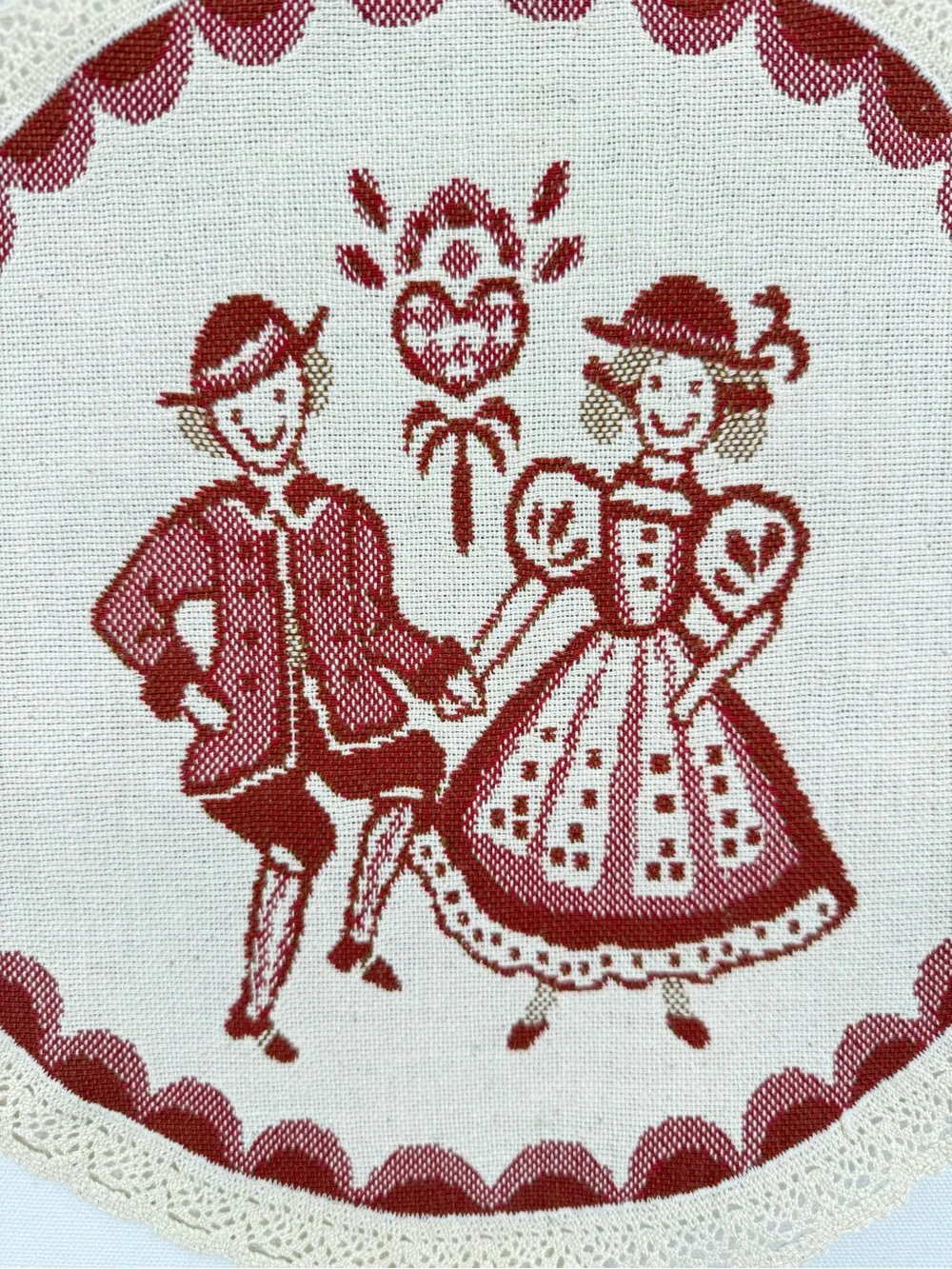 Vintage Austrian Folk Art Round Table Doily Red Cream Alpine Lace Trim